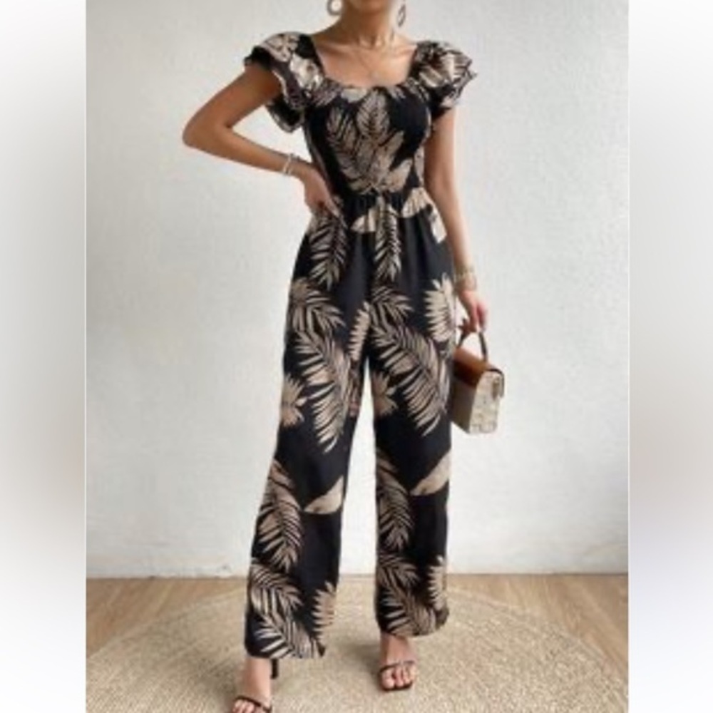 Black & Tan Leaf Print Jumpsuit Short Sleeves Wide Leg Size Small